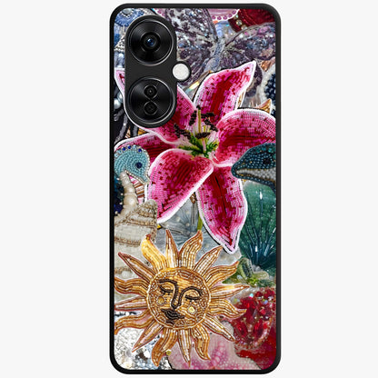 Beaded Garden Fantasy Glass Case for 1+Nord CE 3 Lite front view featuring colorful beaded floral garden artwork