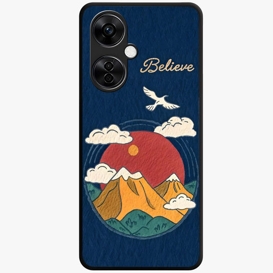 Believe Sky Escape Glass Case for 1+Nord CE 3 Lite inspirational front view featuring sky inspired artwork with uplifting message