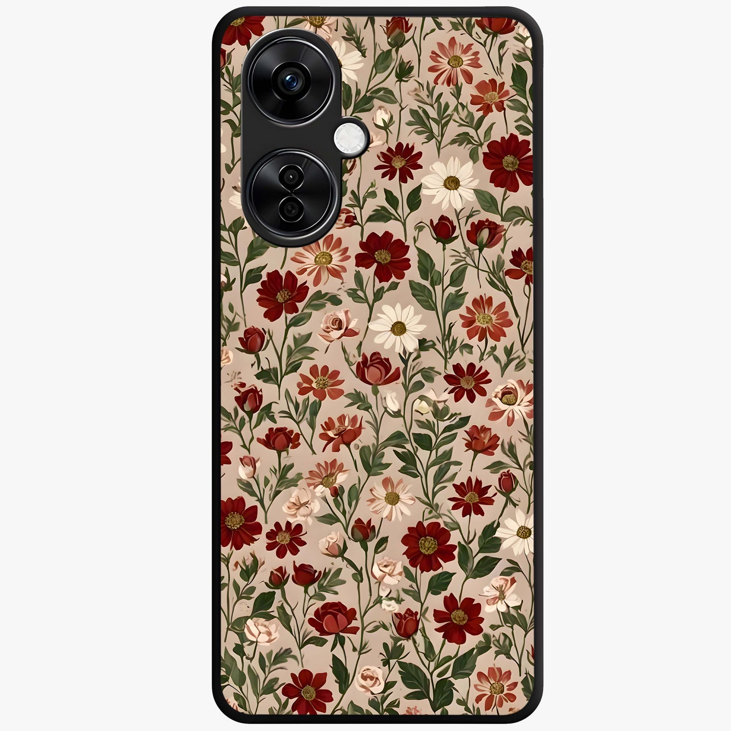 Biege Flower With Leaf Glass Case for 1+Nord CE 3 Lite front view featuring soft beige floral artwork with leaf detailing