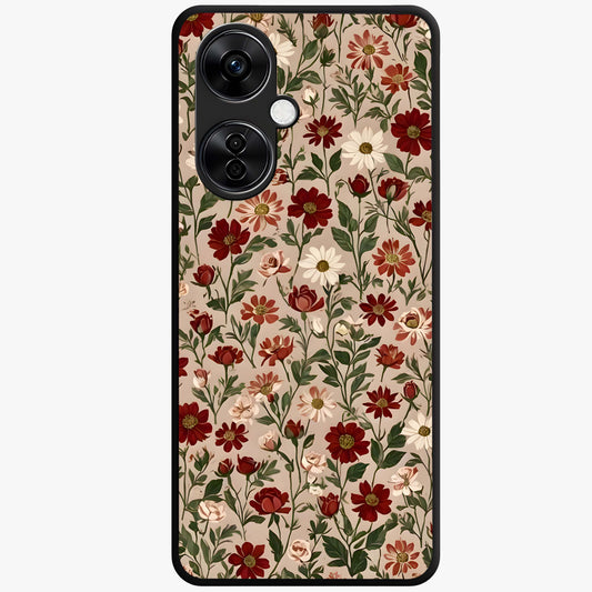 Biege Flower With Leaf Glass Case for 1+Nord CE 3 Lite front view featuring soft beige floral artwork with leaf detailing