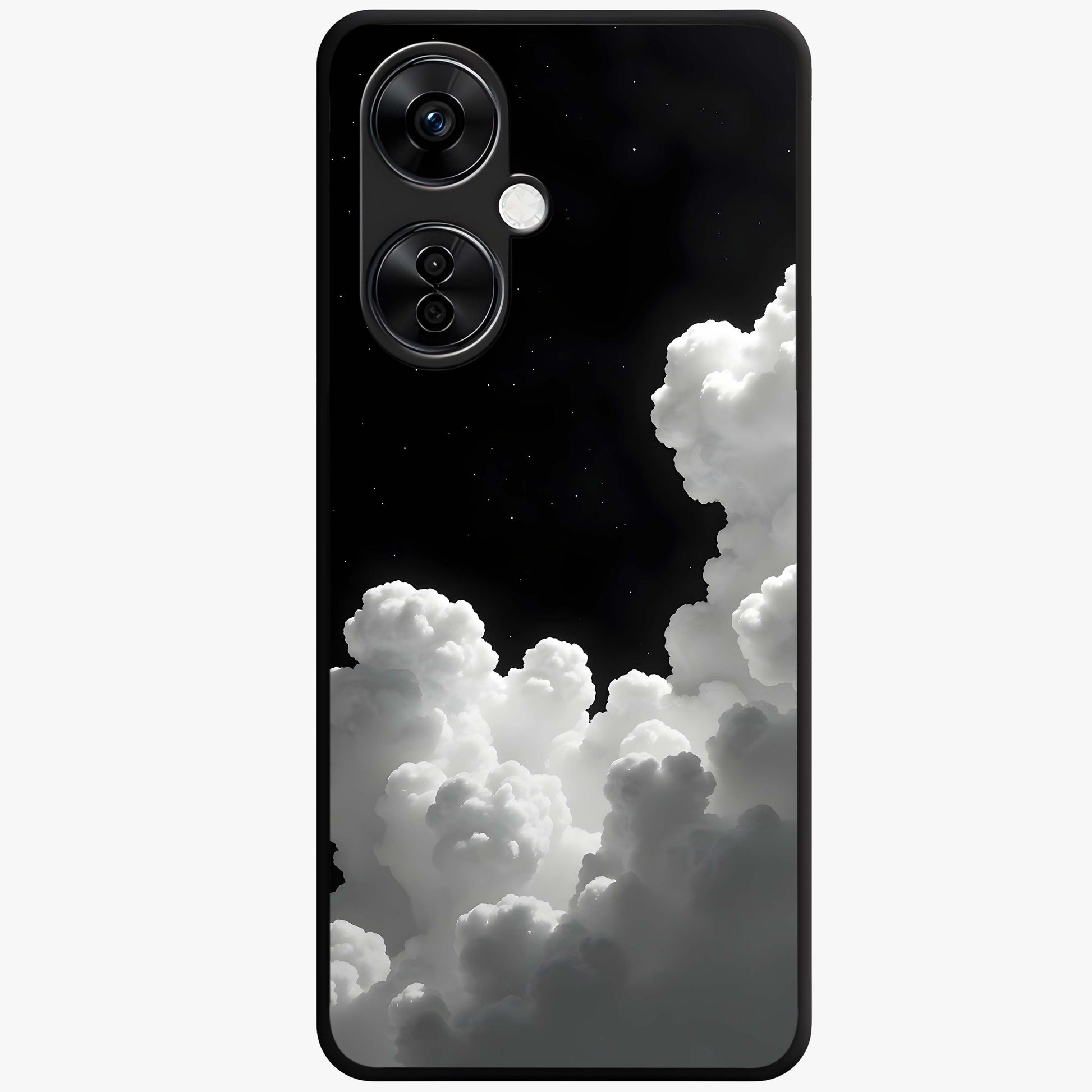 Black Background With White Cloud Glass Case for 1+Nord CE 3 Lite striking front view featuring white cloud artwork on deep black backdrop