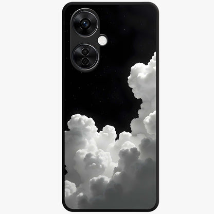 Black Background With White Cloud Glass Case for 1+Nord CE 3 Lite striking front view featuring white cloud artwork on deep black backdrop