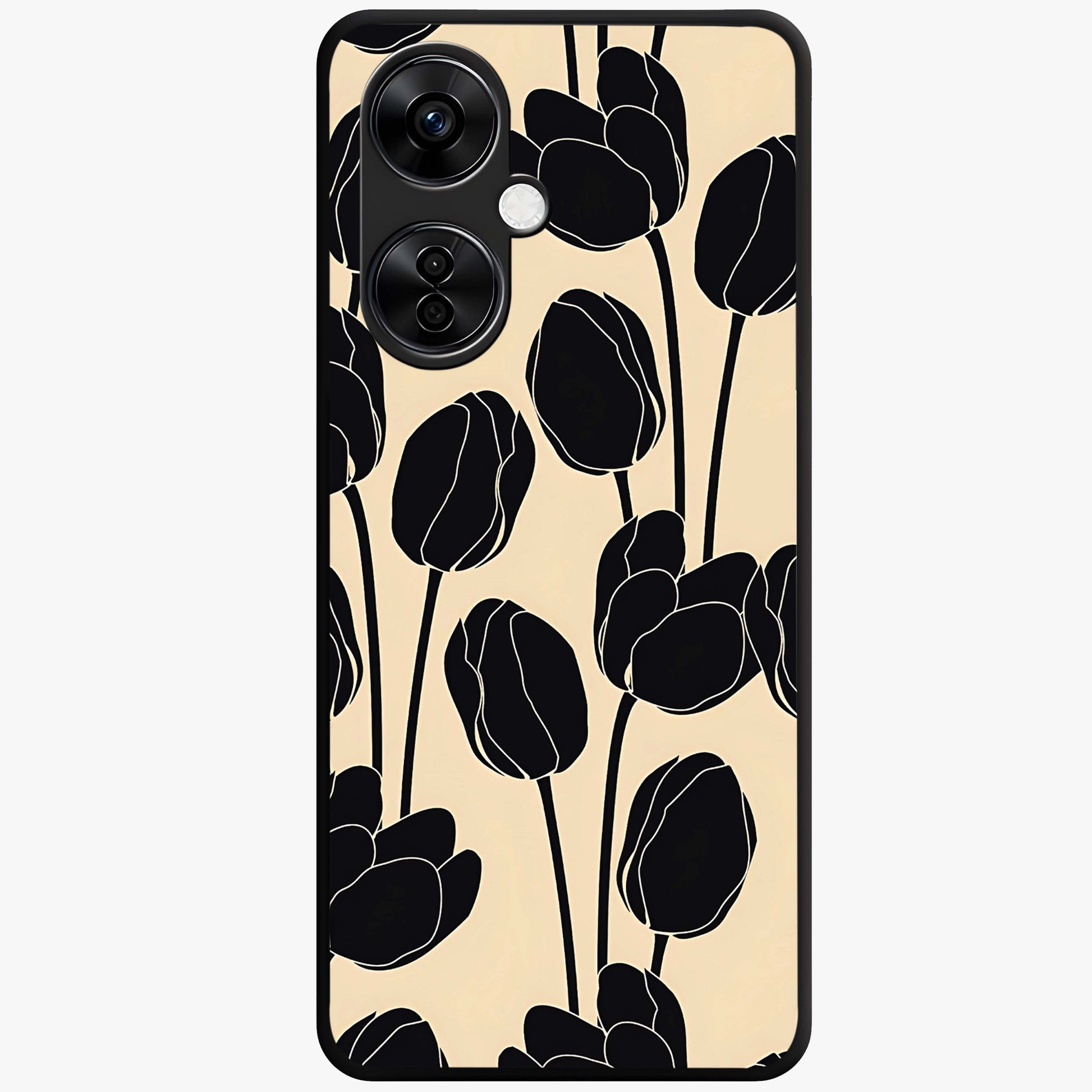 Black Designer Tulip Glass Case for 1+Nord CE 3 Lite elegant front view featuring refined tulip artwork on black background