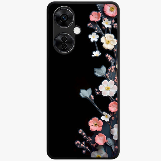 Black Elegance Floral Custom Name Glass Case for 1+Nord CE 3 Lite luxurious front view featuring floral artwork with personalized name design