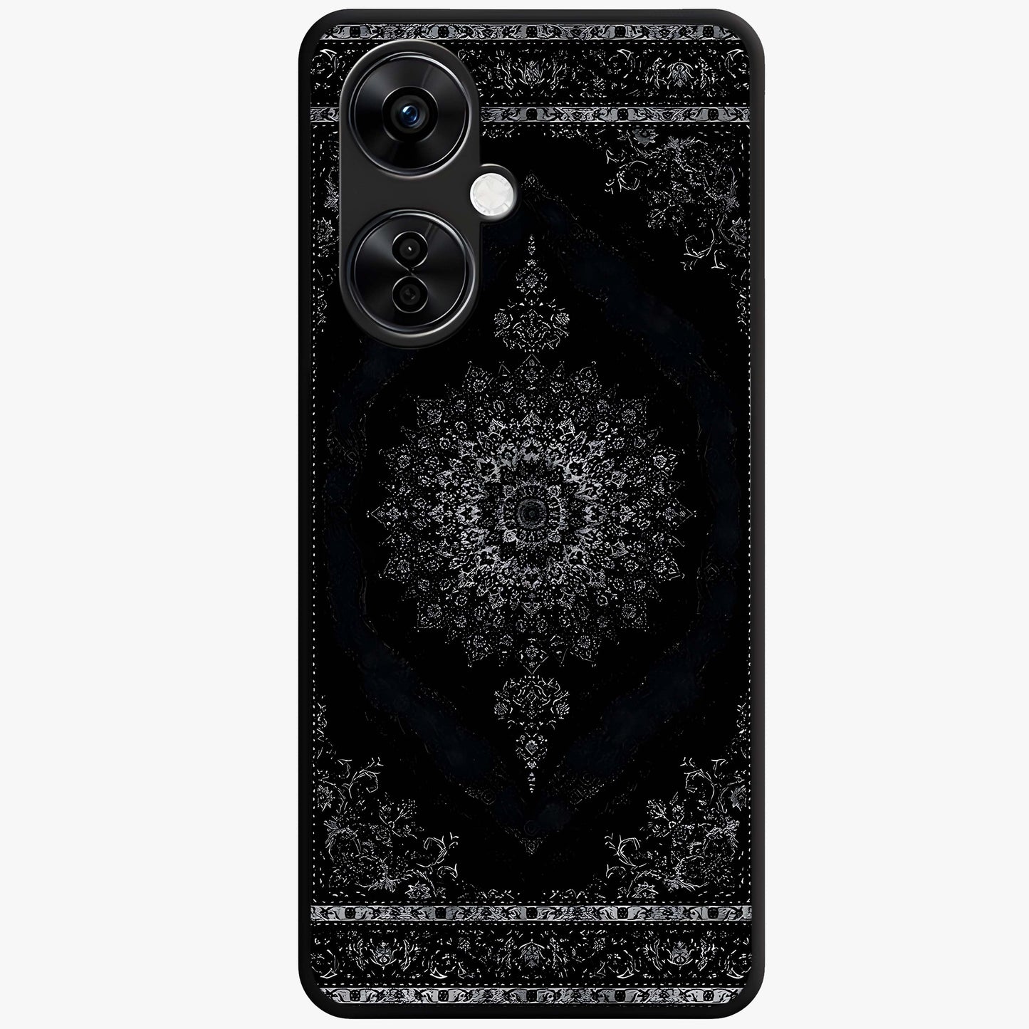 Black Persian Carpet Glass Case for 1+Nord CE 3 Lite rich front view featuring intricate Persian carpet pattern artwork