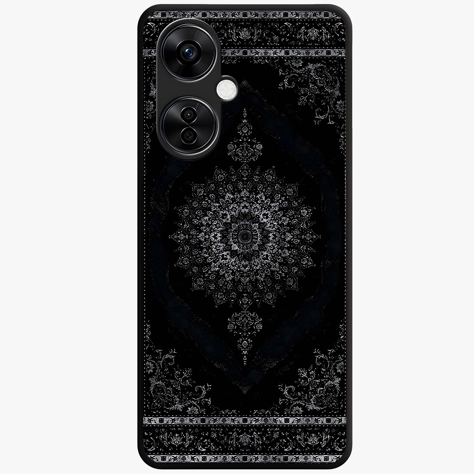 Black Persian Carpet Glass Case for 1+Nord CE 3 Lite rich front view featuring intricate Persian carpet pattern artwork