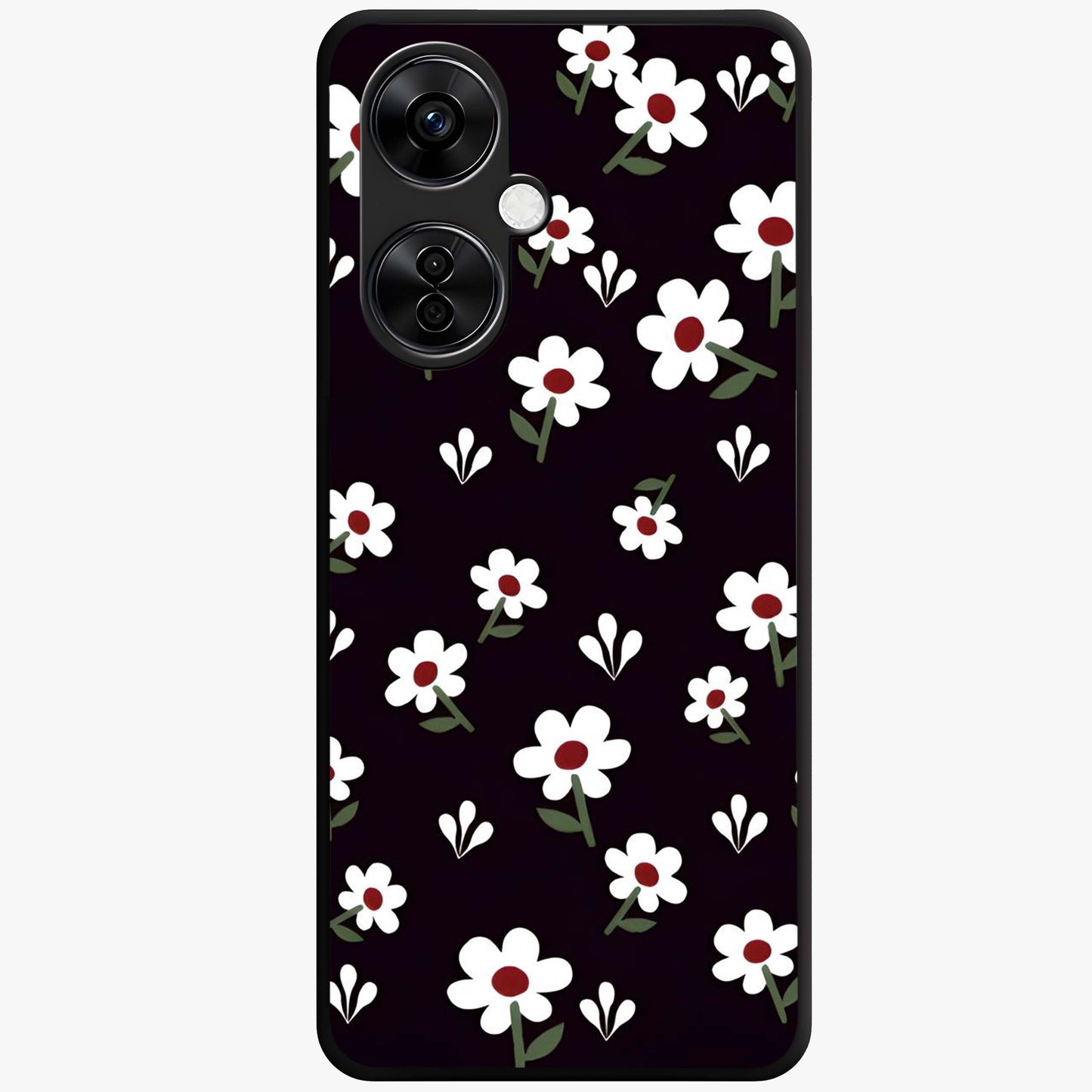 Black Prints Daisy Flower Pattern Glass Case for 1+Nord CE 3 Lite front view featuring white daisy floral artwork on black base