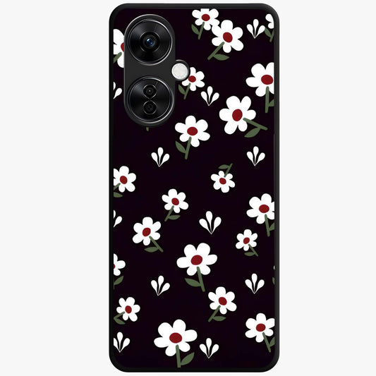 Black Prints Daisy Flower Pattern Glass Case for 1+Nord CE 3 Lite front view featuring white daisy floral artwork on black base