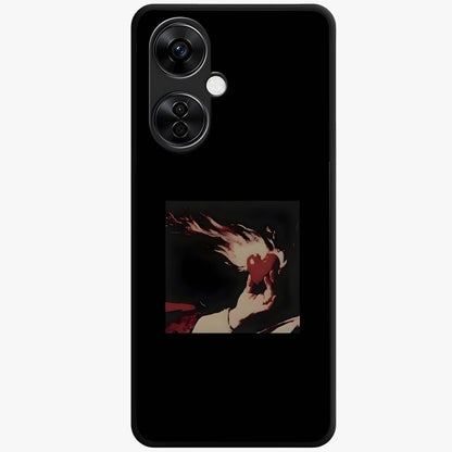 Blazing Heart Faith Glass Case for 1+Nord CE 3 Lite showing full back design in clean flat view with fiery heart artwork and glossy glass finish.