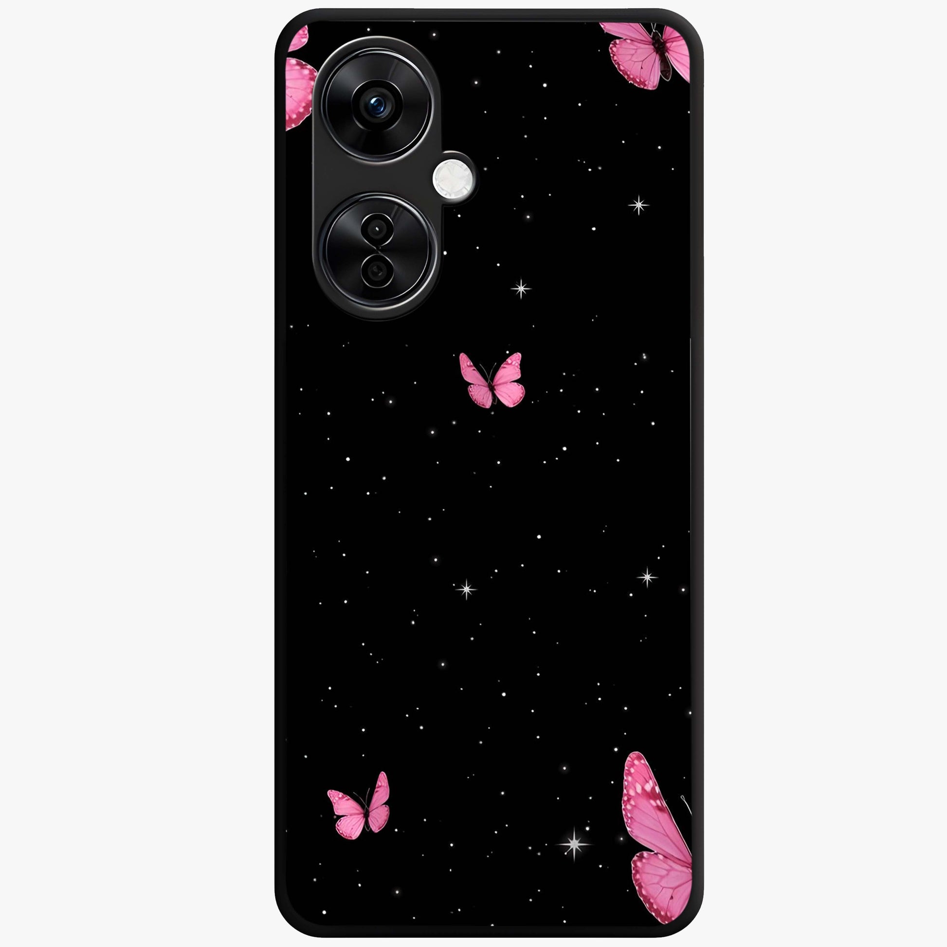Blinking Butterfly Glass Case for 1+Nord CE 3 Lite showing full back design in clean flat view with delicate butterfly artwork and glossy glass finish.