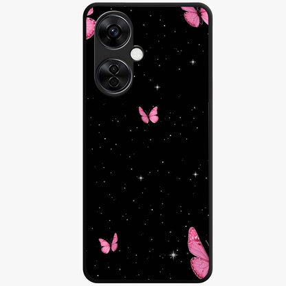 Blinking Butterfly Glass Case for 1+Nord CE 3 Lite showing full back design in clean flat view with delicate butterfly artwork and glossy glass finish.