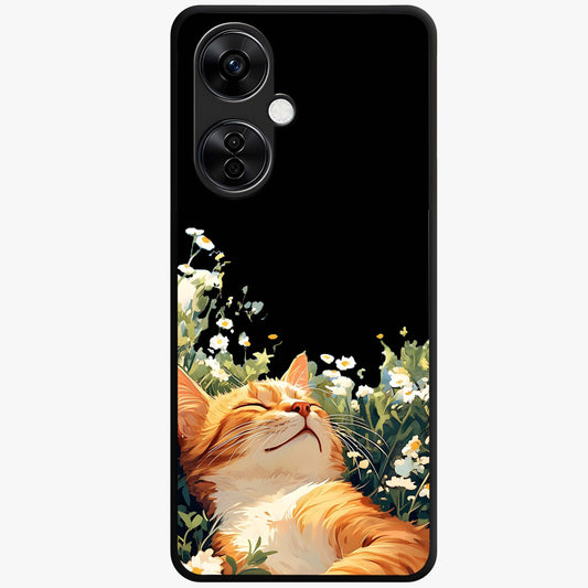 Blissful Bloom Cat Glass Case for 1+Nord CE 3 Lite charming front view featuring floral cat artwork with soft aesthetic tones