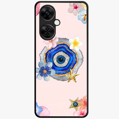 Blossom Evil Charm Glass Case for 1+Nord CE 3 Lite elegant front view featuring floral evil eye inspired artwork