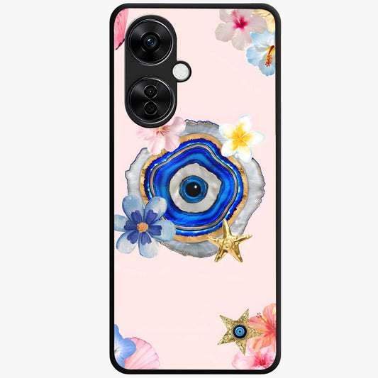 Blossom Evil Charm Glass Case for 1+Nord CE 3 Lite elegant front view featuring floral evil eye inspired artwork