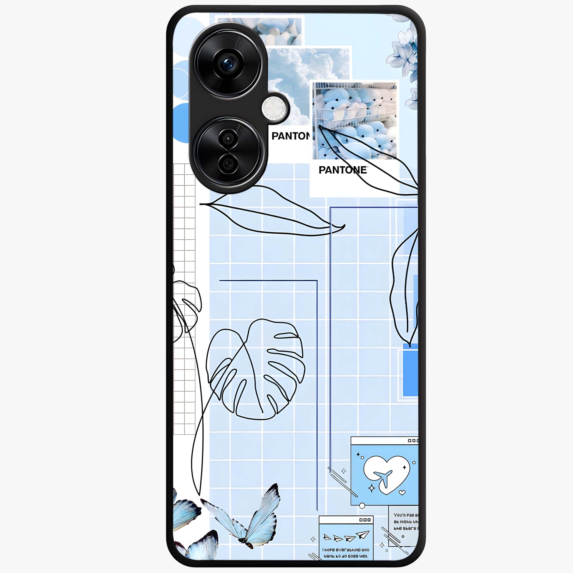 Blue Aesthetic Flower Glass Case for 1+Nord CE 3 Lite elegant front view featuring soft blue floral artwork