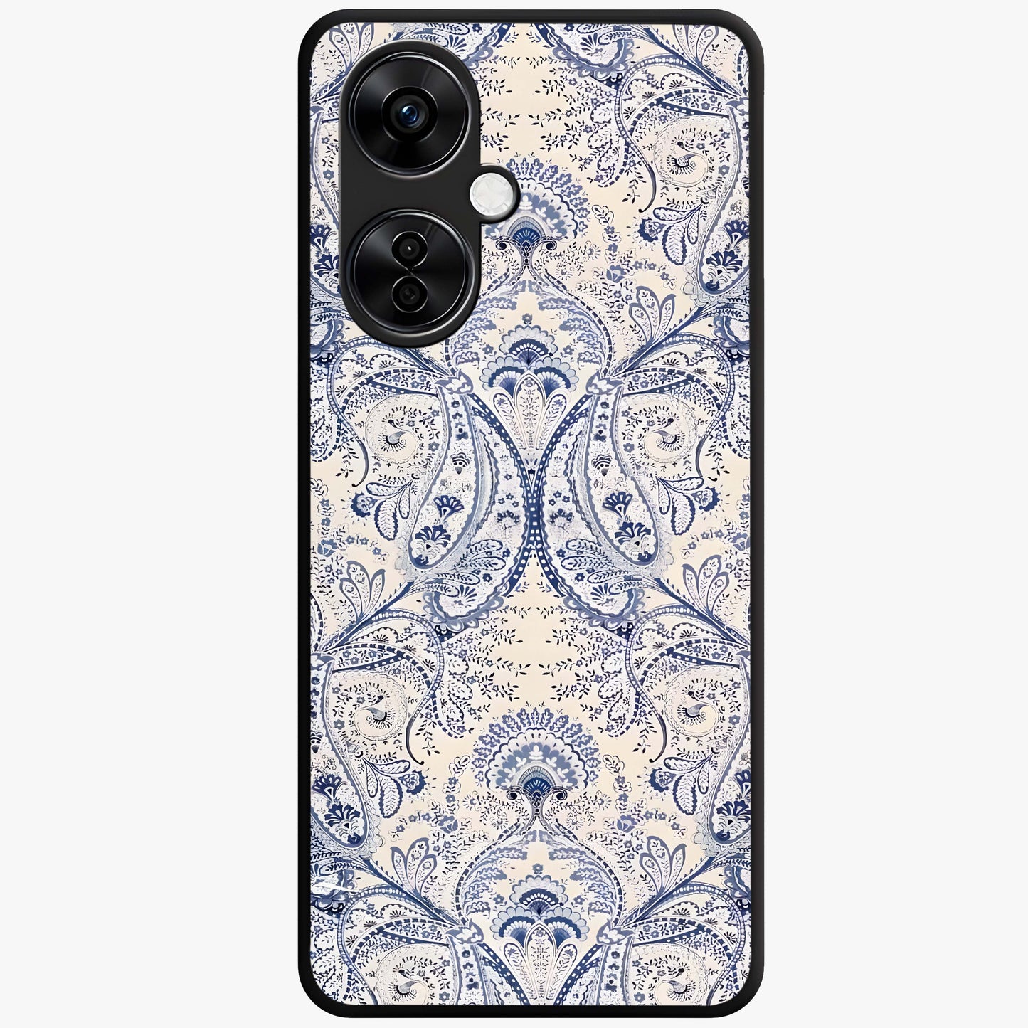 Blue Paisley Bloom Glass Case for 1+Nord CE 3 Lite intricate front view featuring paisley floral artwork in rich blue tones