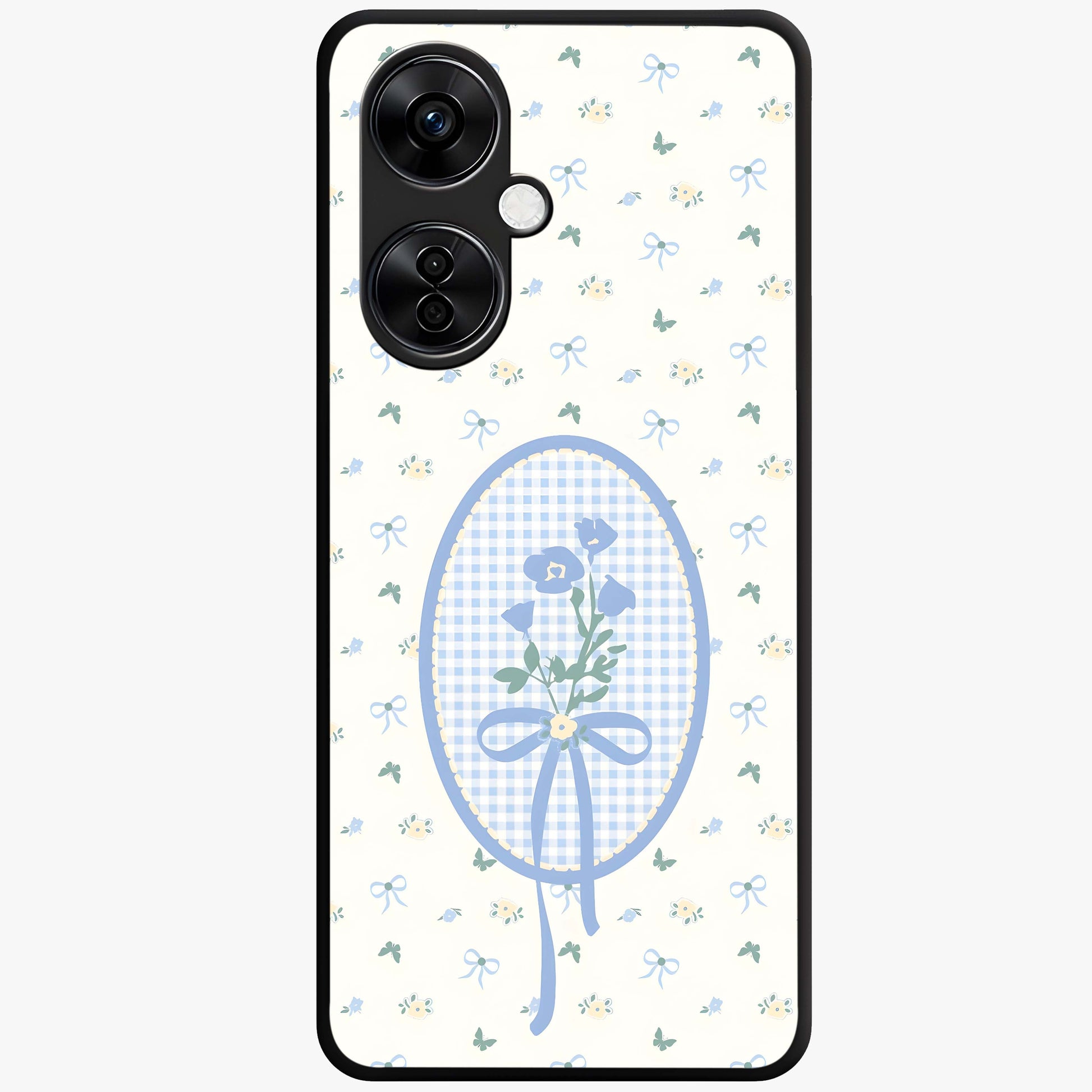 Blue Ribbon Bloom Glass Case for 1+Nord CE 3 Lite elegant front view featuring soft floral artwork with ribbon accents