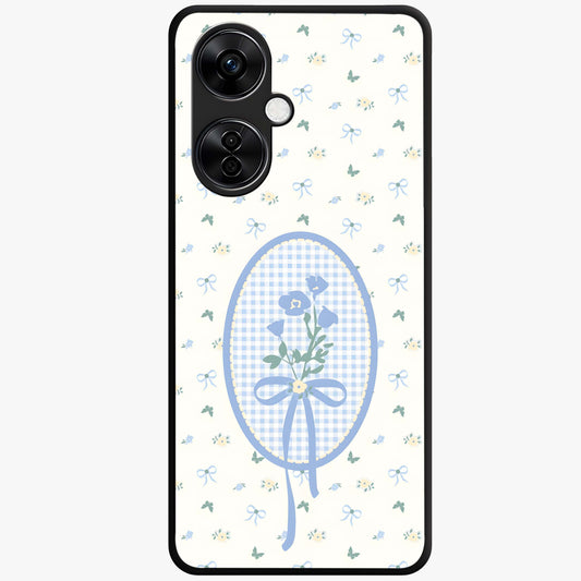 Blue Ribbon Bloom Glass Case for 1+Nord CE 3 Lite elegant front view featuring soft floral artwork with ribbon accents