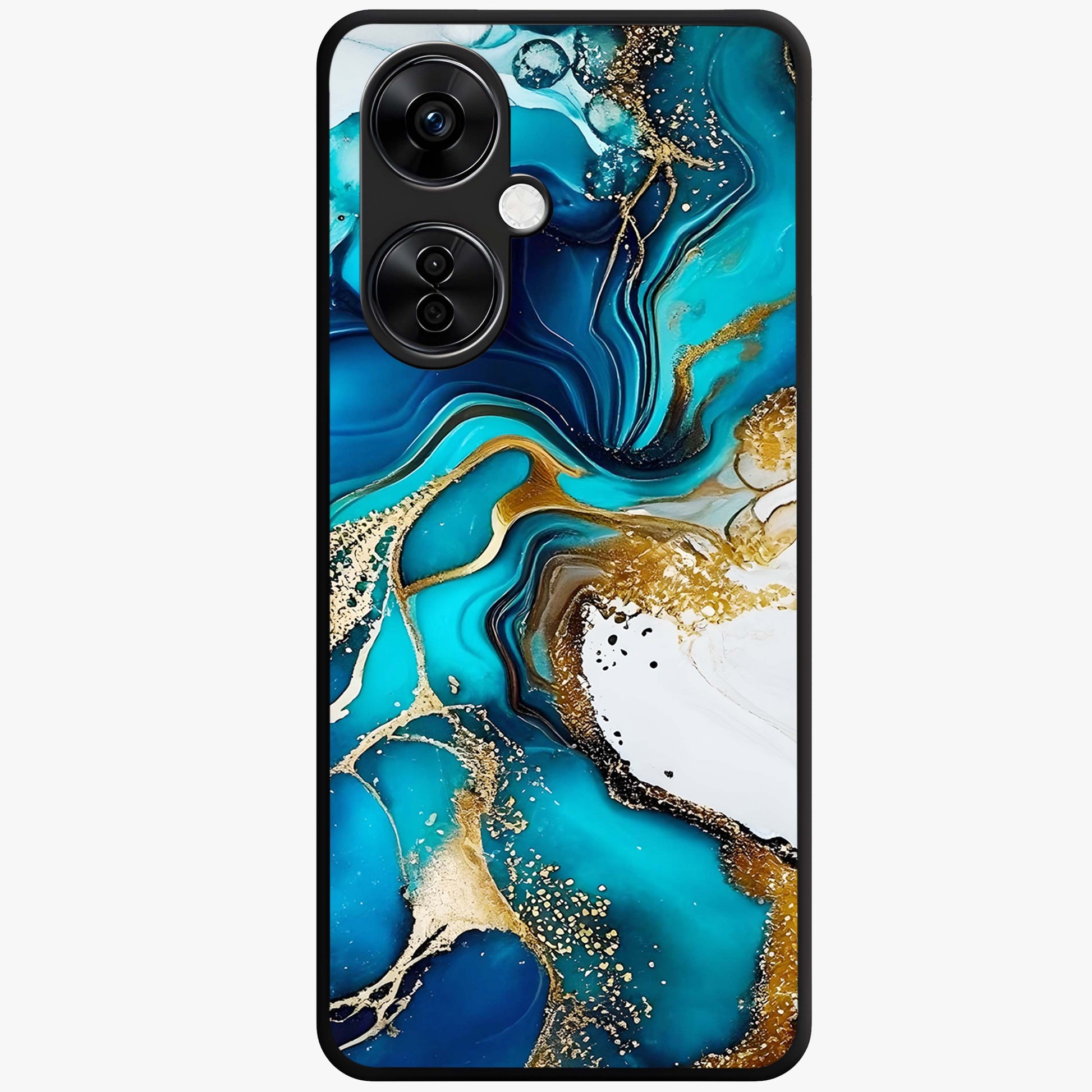 Blue and White Marble With Golden Viens Art Glass Case for 1+Nord CE 3 Lite luxurious front view featuring marble texture with golden vein detailing