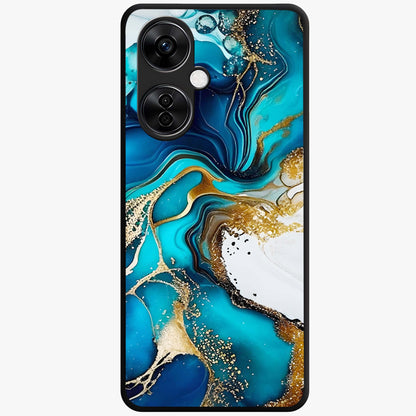 Blue and White Marble With Golden Viens Art Glass Case for 1+Nord CE 3 Lite luxurious front view featuring marble texture with golden vein detailing
