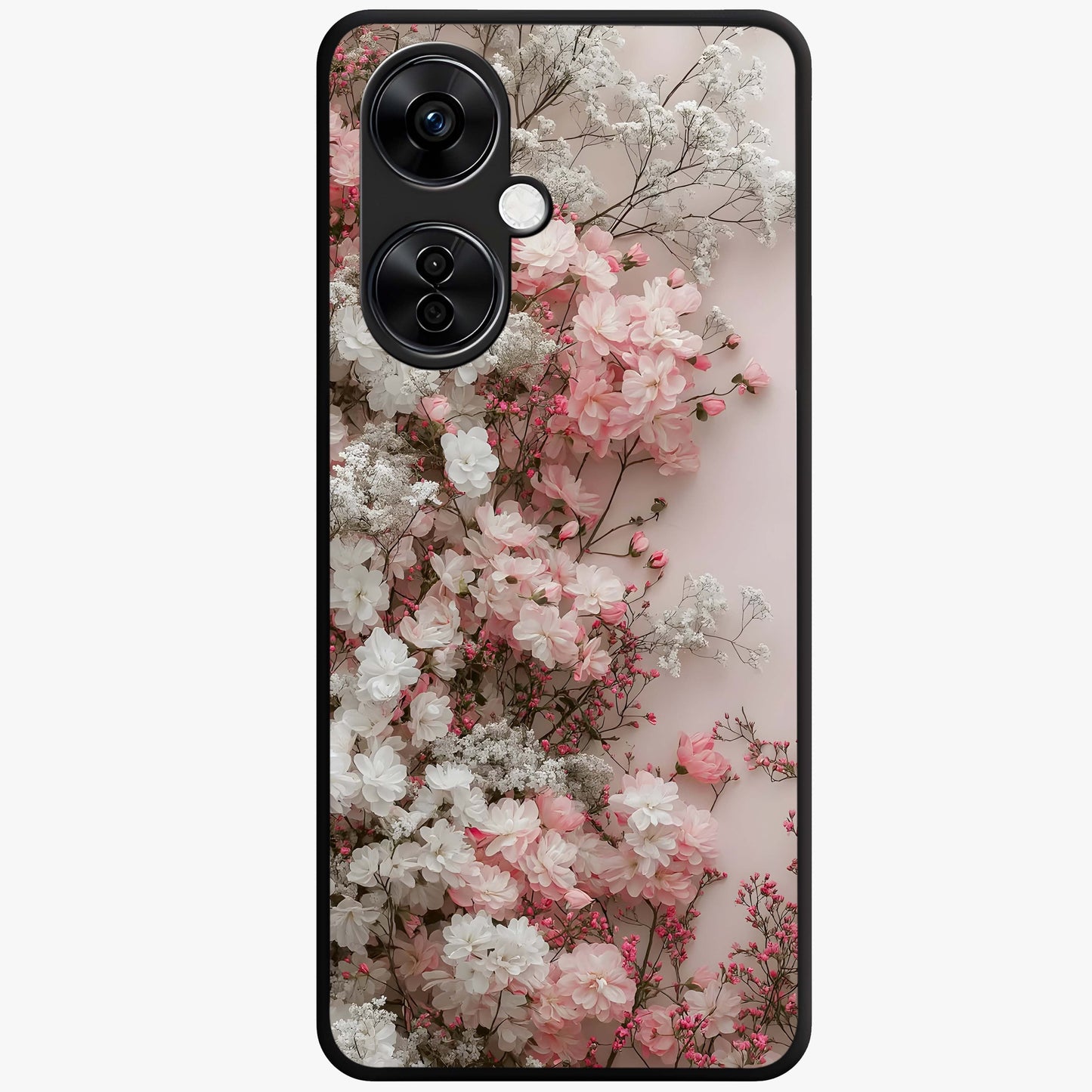 Blush Blossom Cloud Glass Case for 1+Nord CE 3 Lite dreamy front view featuring soft blossom artwork with cloud inspired tones