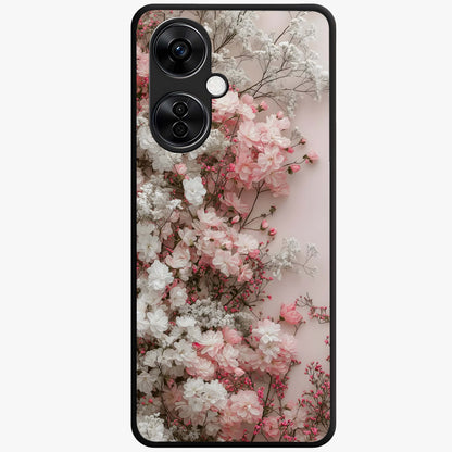Blush Blossom Cloud Glass Case for 1+Nord CE 3 Lite dreamy front view featuring soft blossom artwork with cloud inspired tones
