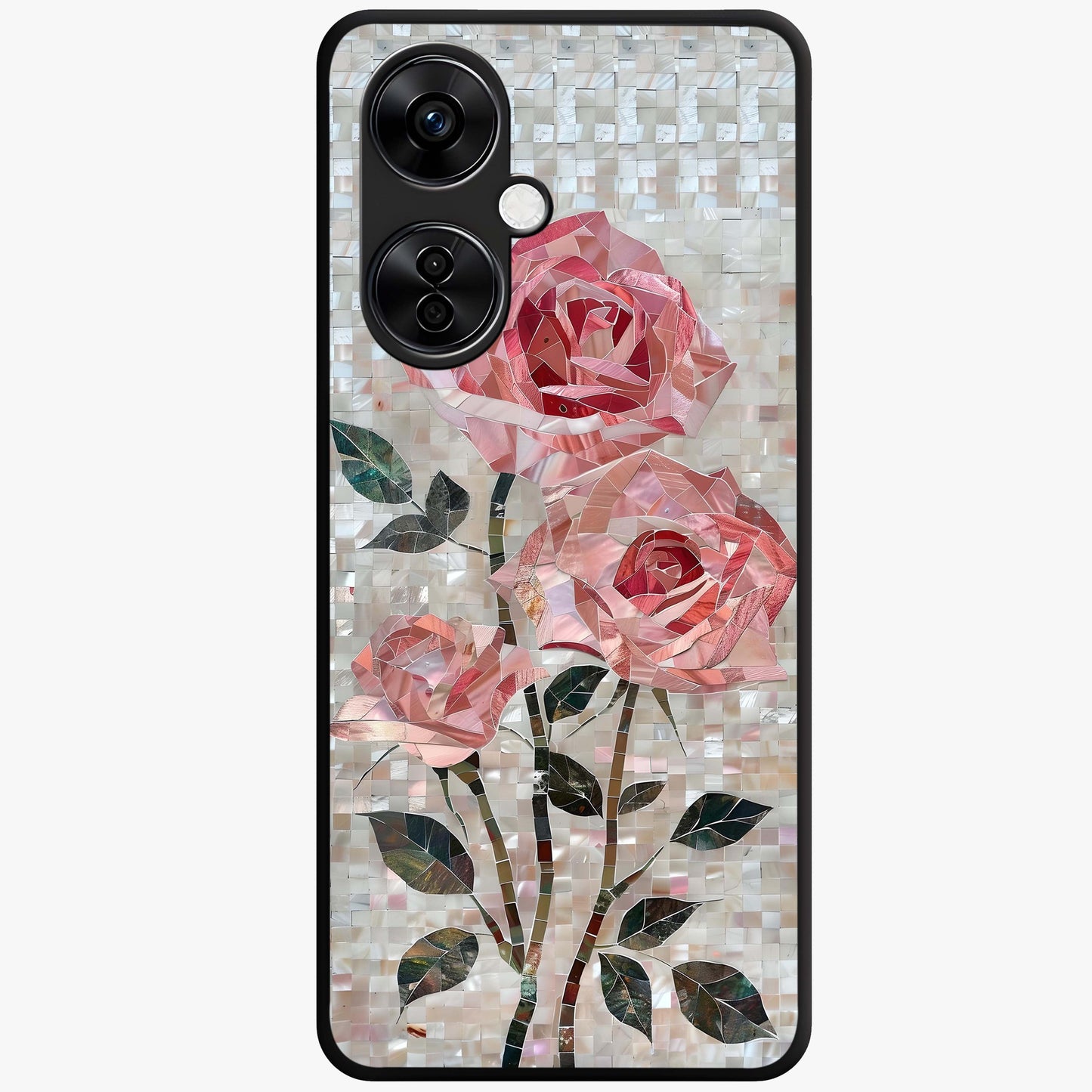 Blush Mosaic Bloom Glass Case for 1+Nord CE 3 Lite artistic front view featuring mosaic style floral artwork