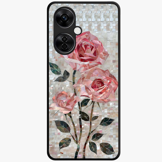 Blush Mosaic Bloom Glass Case for 1+Nord CE 3 Lite artistic front view featuring mosaic style floral artwork