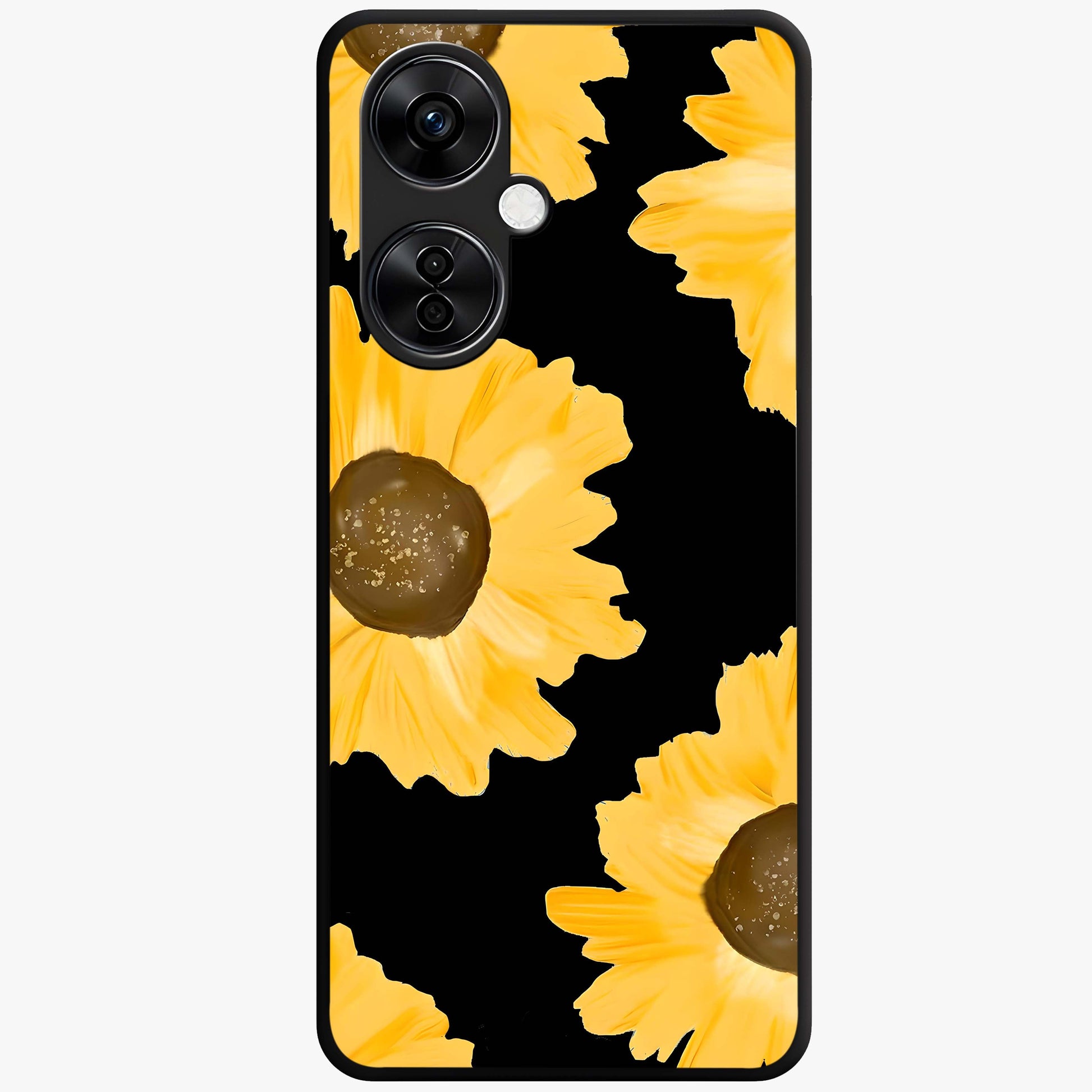 Bold Sunflowers Glow Glass Case for 1+Nord CE 3 Lite vibrant front view featuring radiant sunflower artwork with warm golden tones