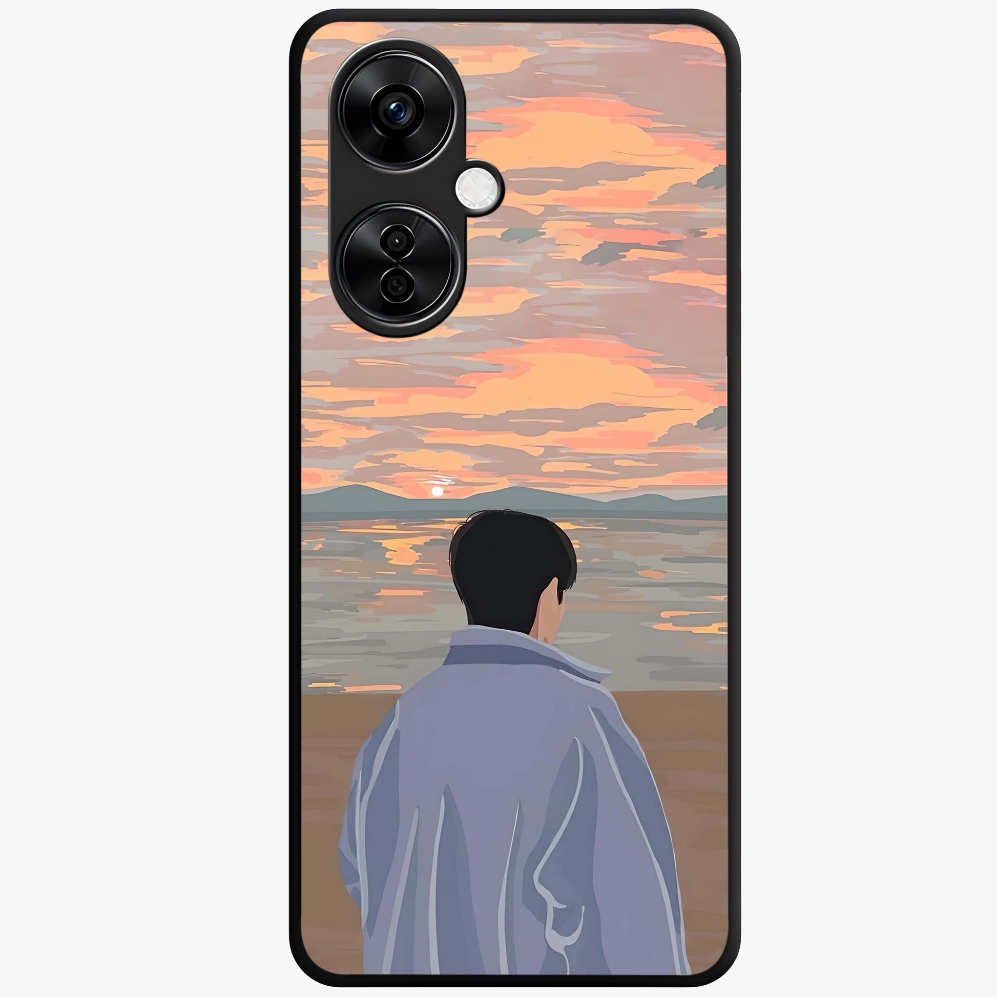 Boy Facing Sunset Beach Glass Case for 1+Nord CE 3 Lite scenic front view featuring silhouette artwork against glowing sunset sky