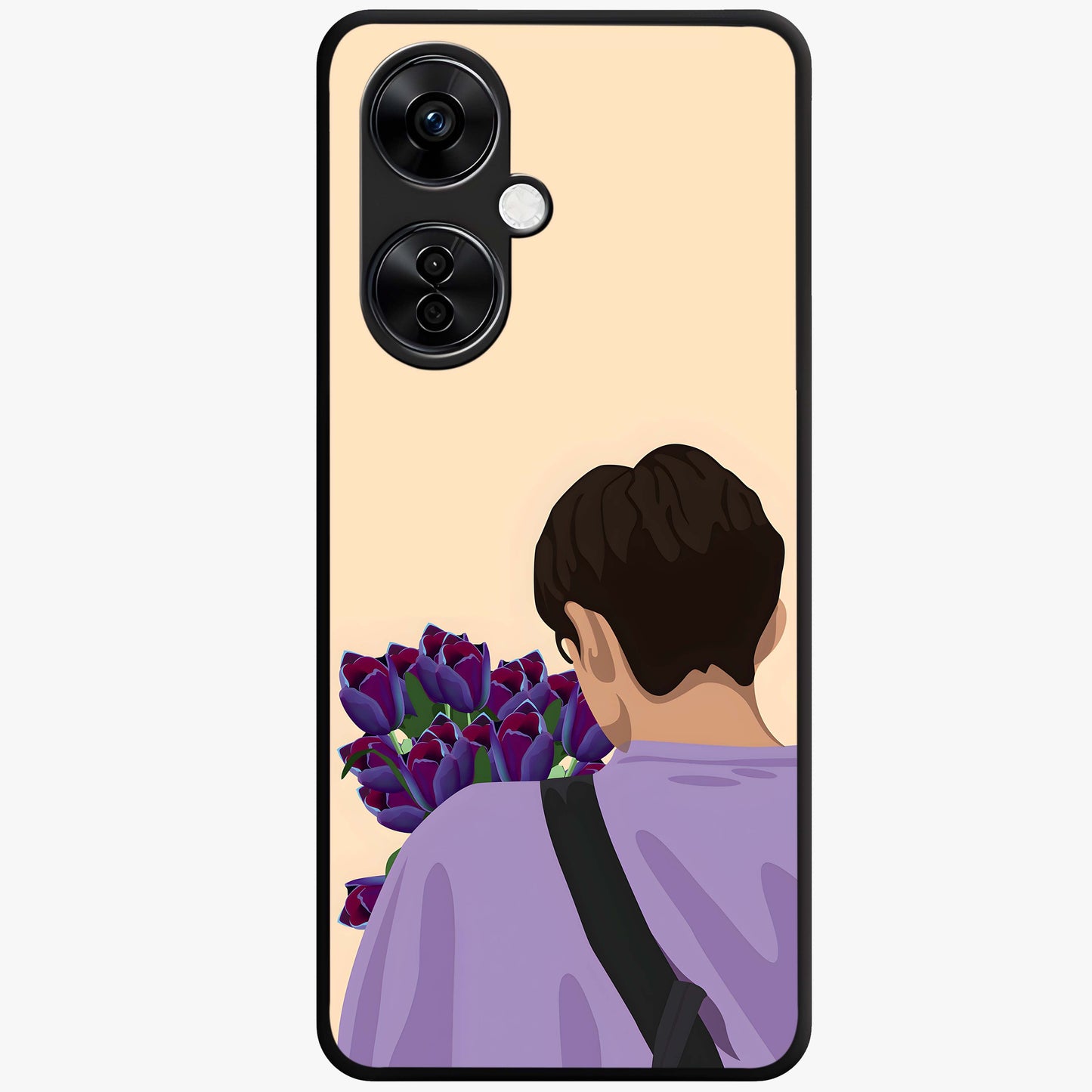 Boy Holding Flowers Glass Case for 1+Nord CE 3 Lite aesthetic front view featuring soft illustrated character holding floral bouquet