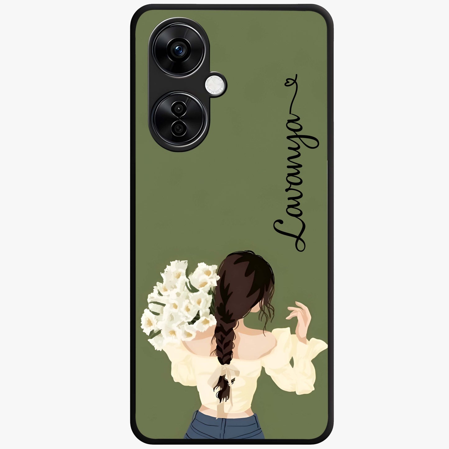 Braided Spring Beauty With Custom Name Glass Case for 1+Nord CE 3 Lite elegant front view featuring braided floral artwork with personalized name design