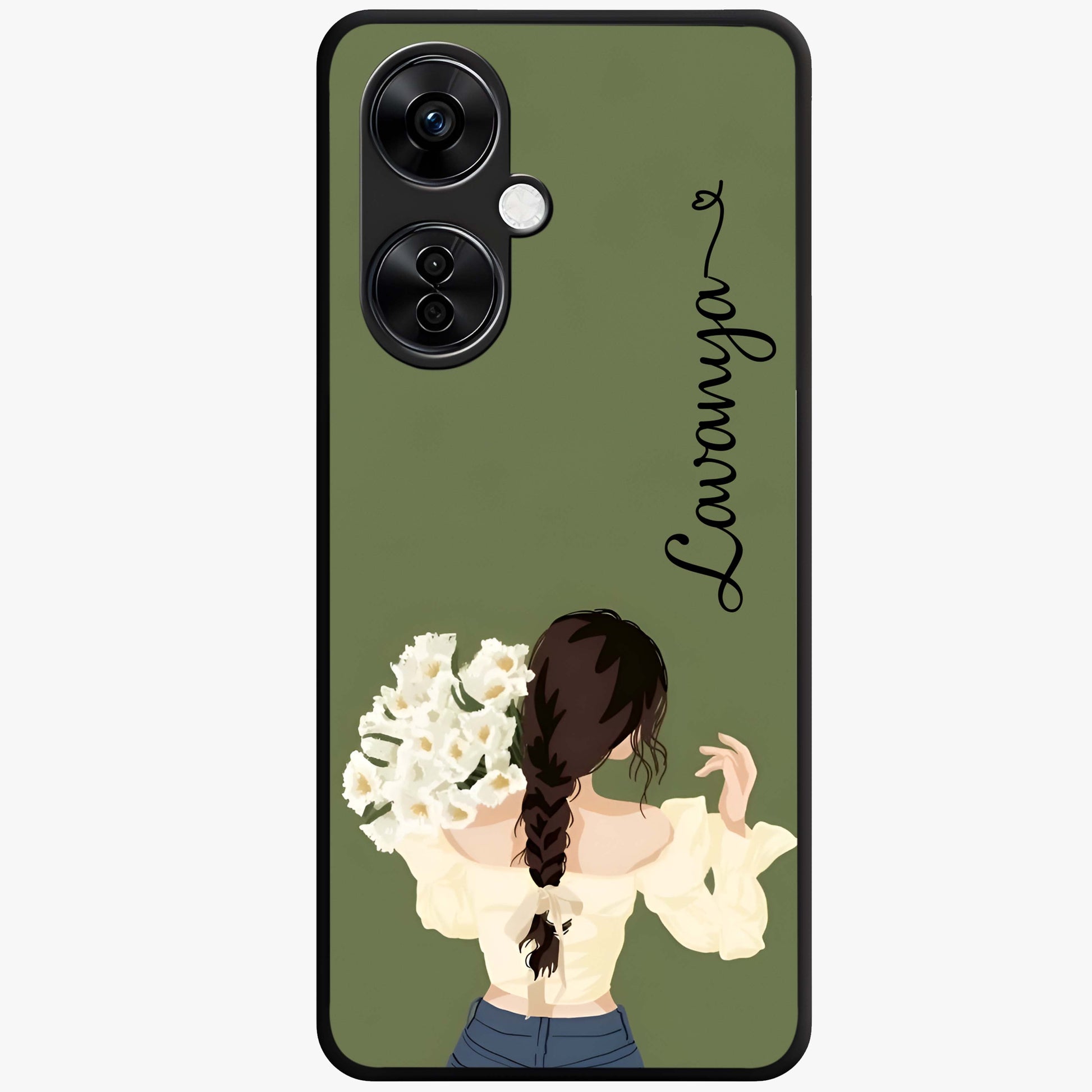 Braided Spring Beauty With Custom Name Glass Case for 1+Nord CE 3 Lite elegant front view featuring braided floral artwork with personalized name design