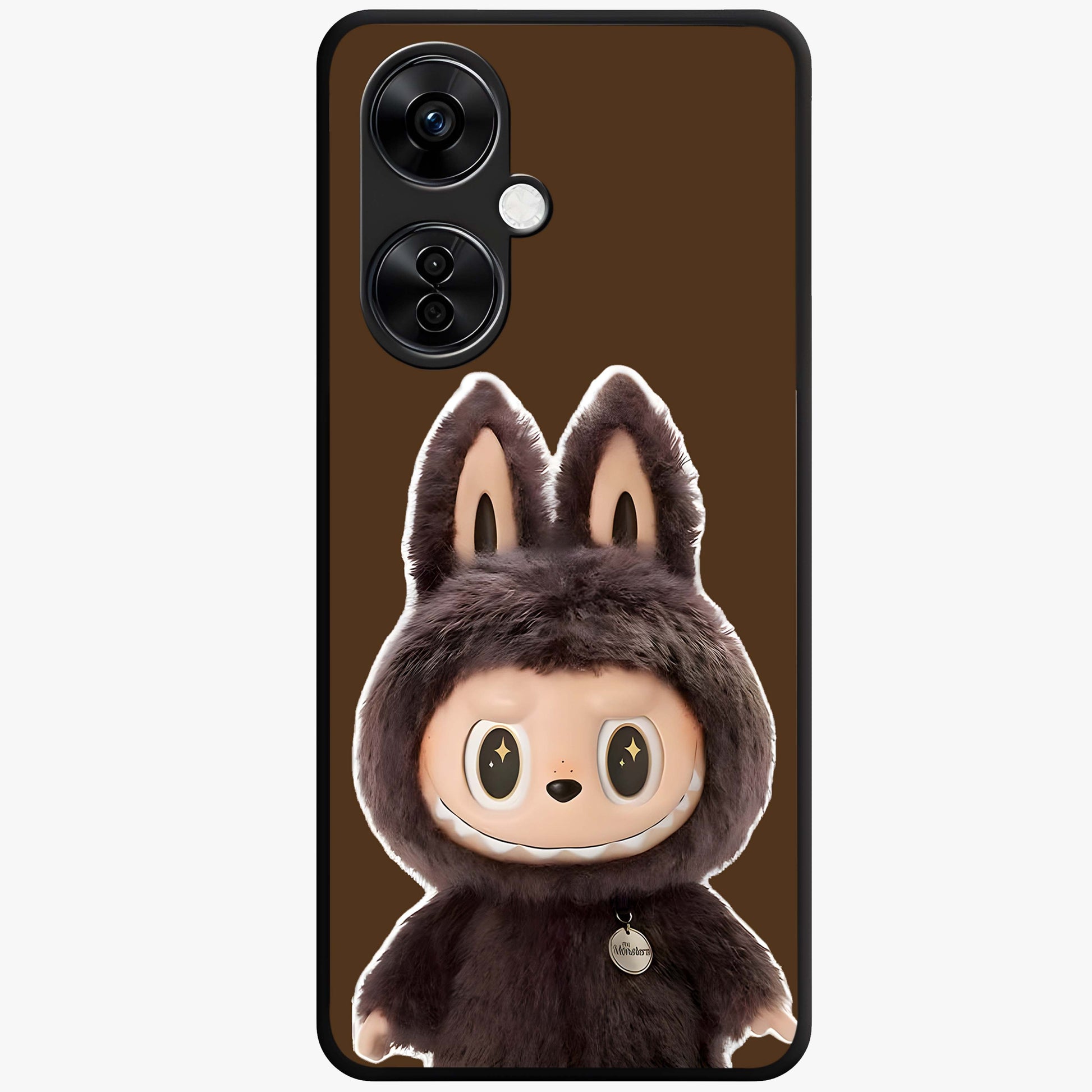 Brown Labubu Design Glass Case for 1+Nord Ce 3 Lite cute front view featuring playful Labubu character artwork in warm brown tones