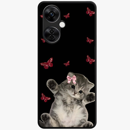 Butterfly Cat Bliss Glass Case for 1+Nord CE 3 Lite charming front view featuring cat and butterfly aesthetic artwork