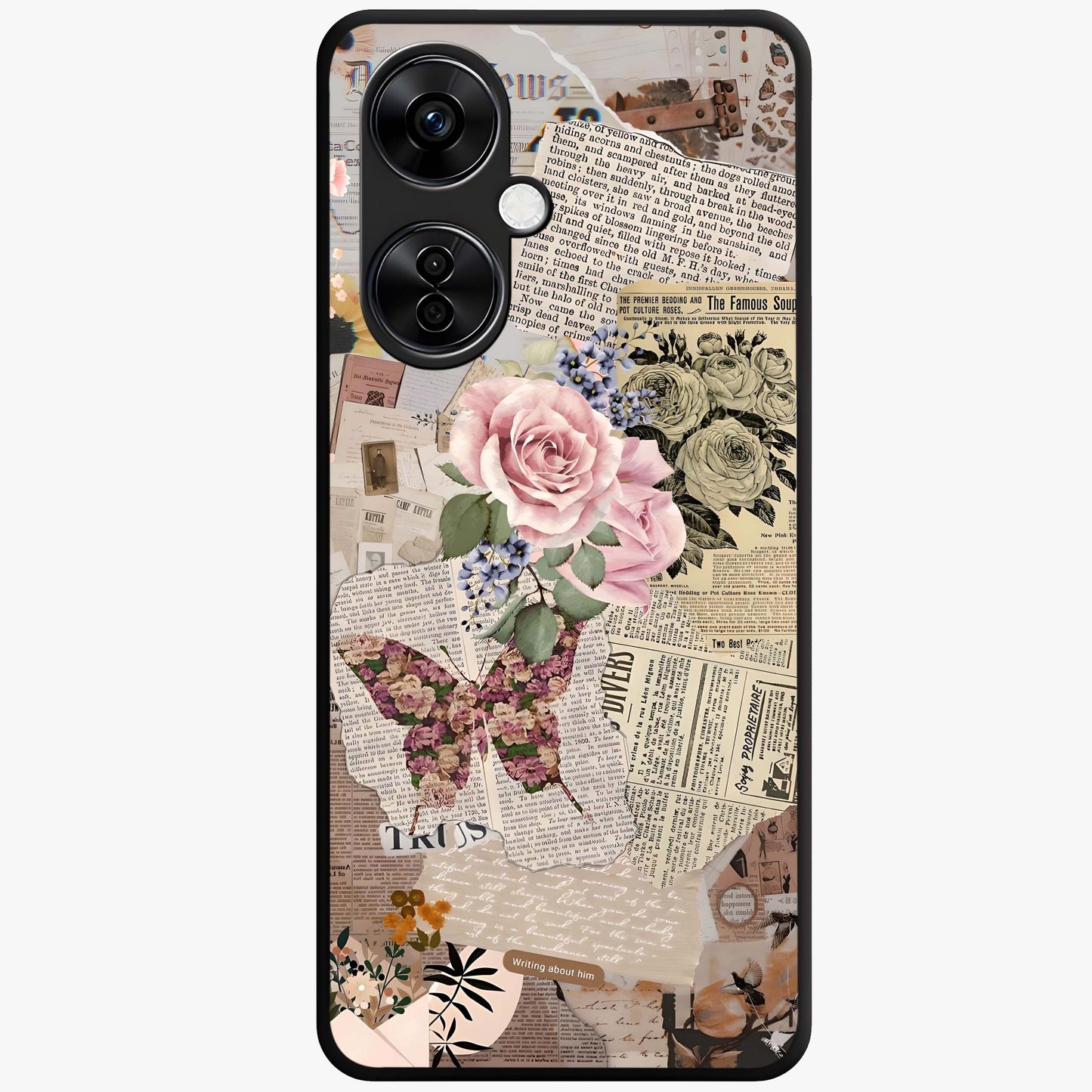 Butterfly News Bloom Glass Case for 1+Nord CE 3 Lite artistic front view featuring blooming floral and butterfly themed artwork