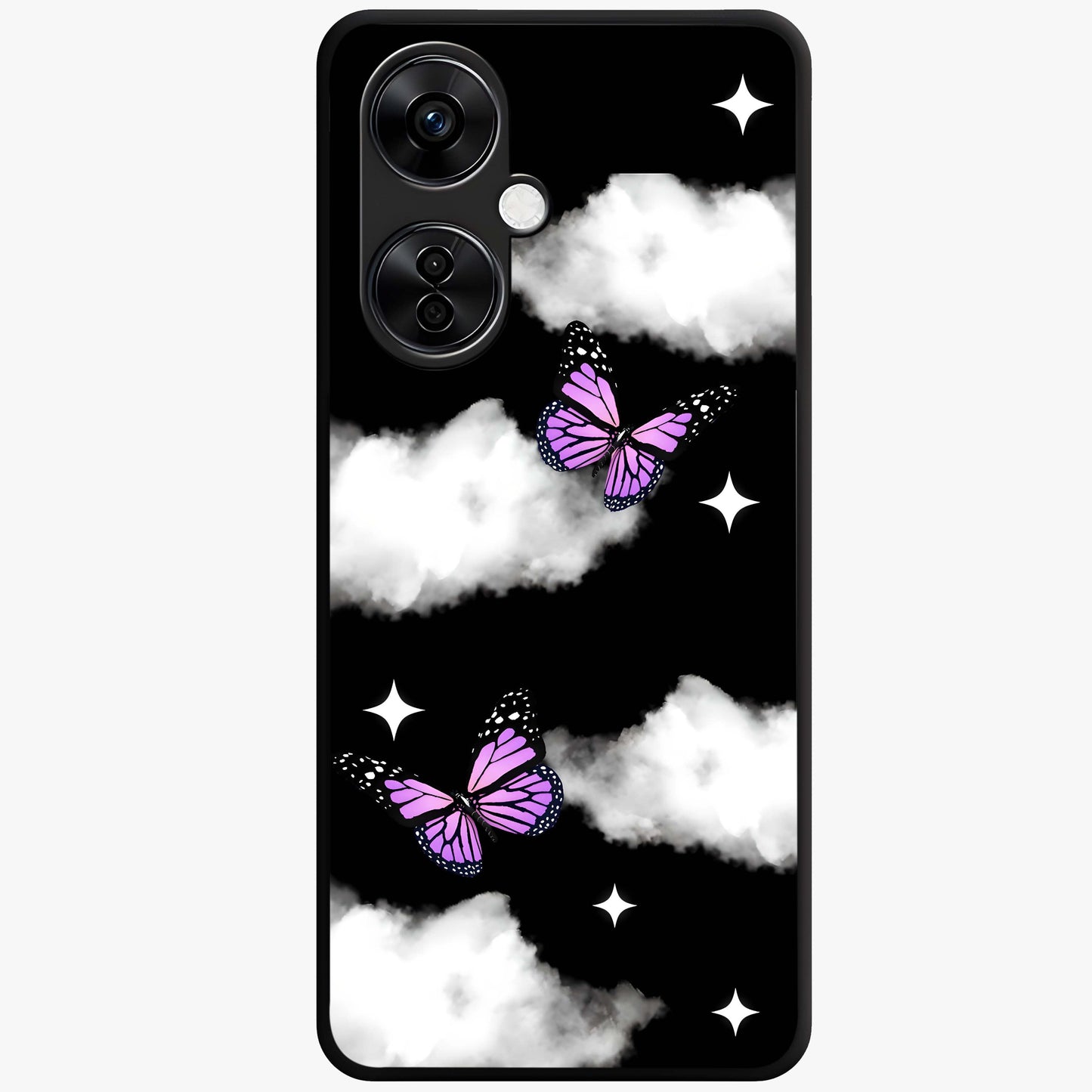 Butterfly Night Drift Glass Case for 1+Nord Ce 3 Lite dreamy front view featuring butterfly artwork with dark night inspired tones