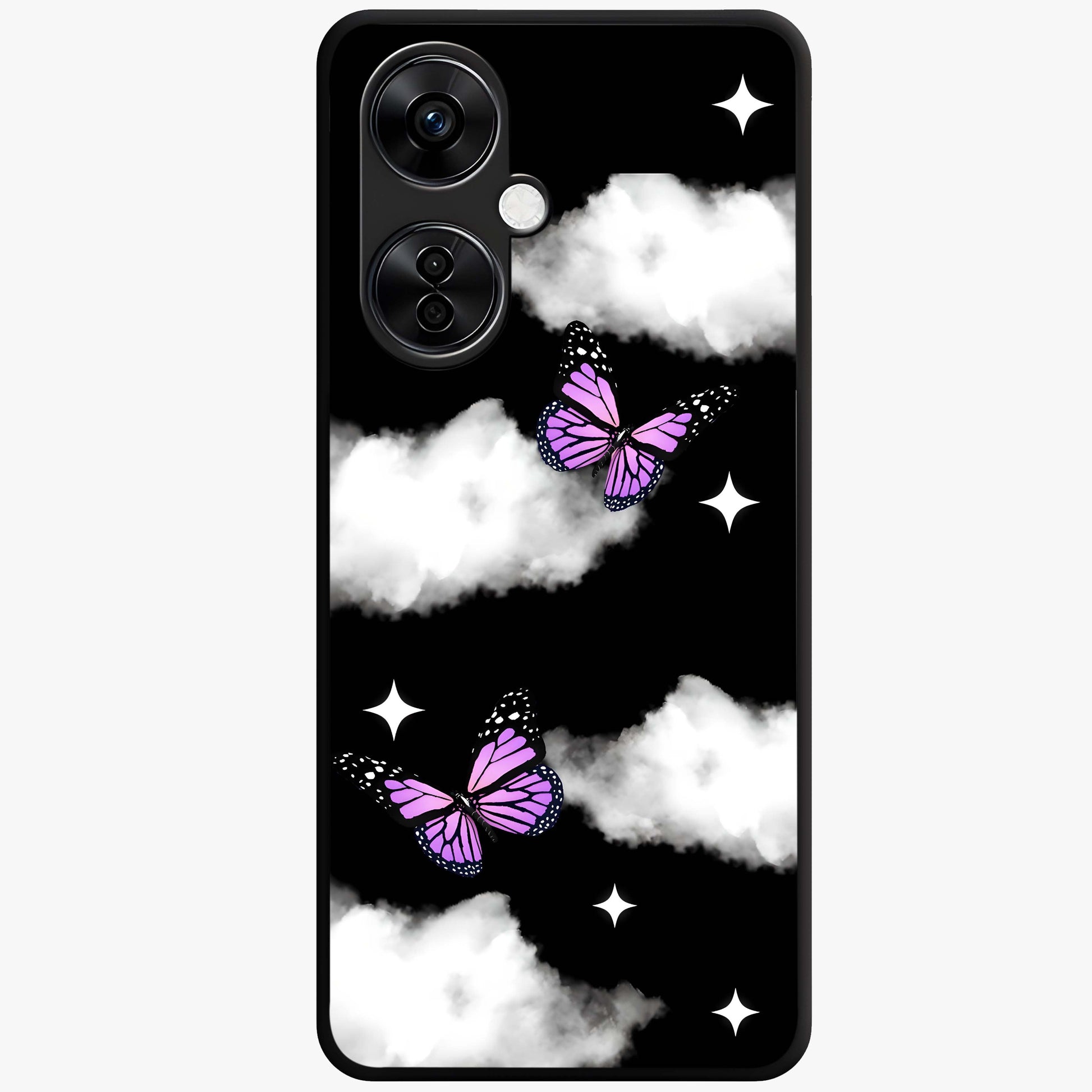 Butterfly Night Drift Glass Case for 1+Nord Ce 3 Lite dreamy front view featuring butterfly artwork with dark night inspired tones