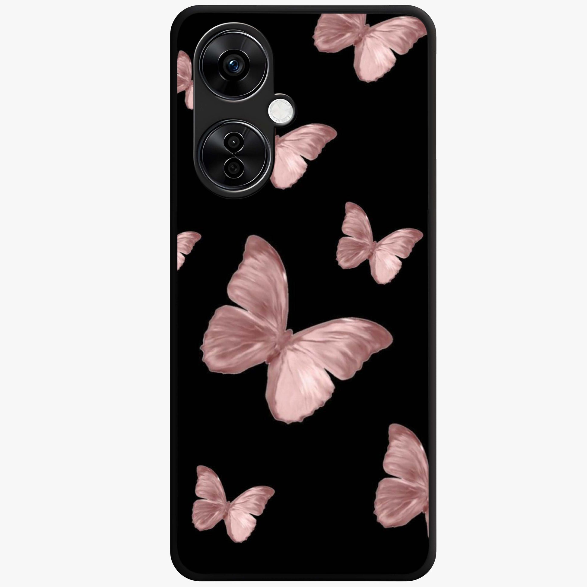 Butterfly Pattern Glass Case for 1+Nord CE 3 Lite elegant front view featuring repeating butterfly artwork with aesthetic detailing