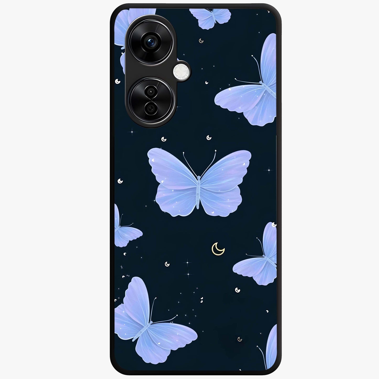 Butterfly With Stars Pattern Glass Case for 1+Nord CE 3 Lite dreamy front view featuring butterfly artwork with star accents