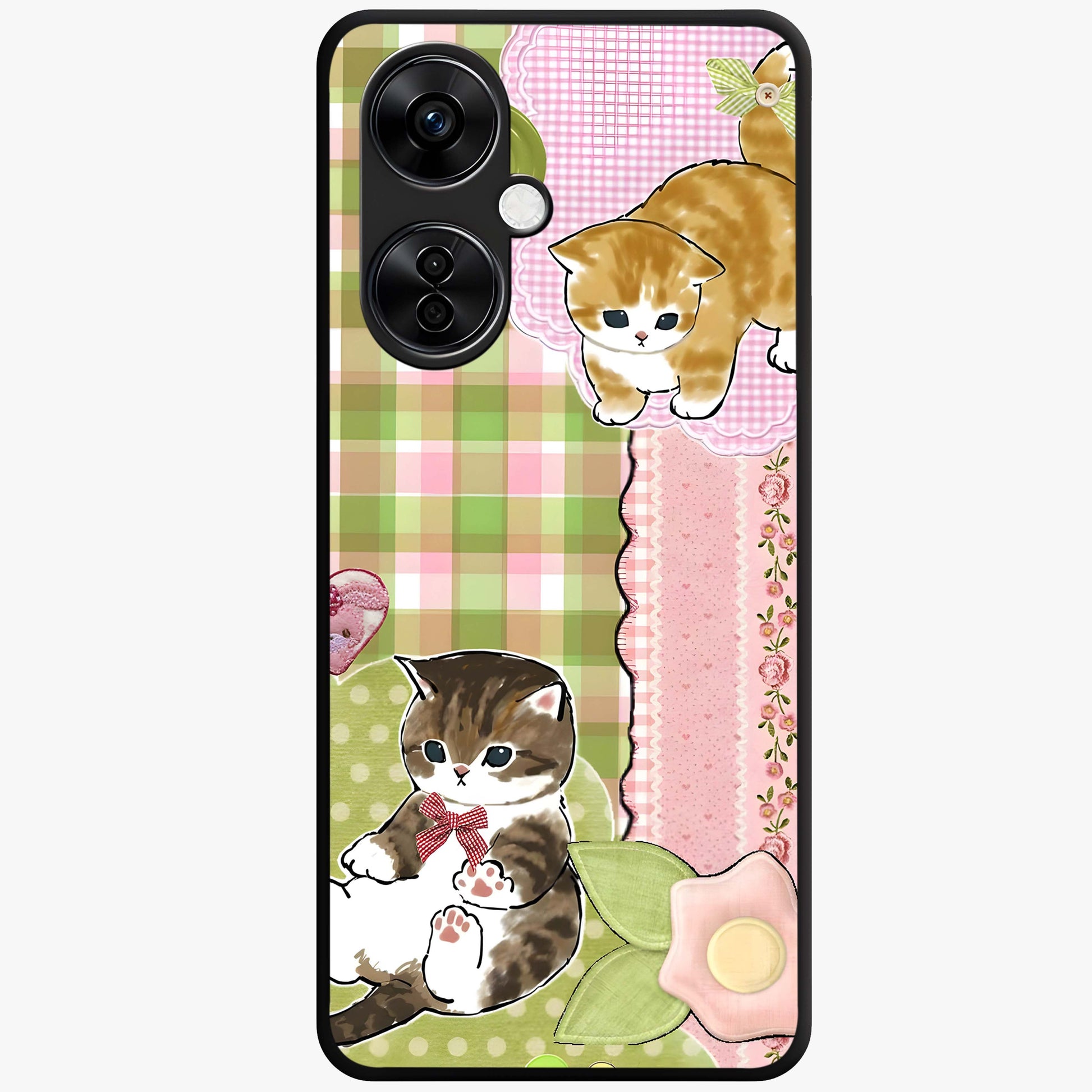 Cats Sweet Button Glass Case for 1+Nord CE 3 Lite adorable front view featuring cute cat artwork with sweet pastel tones