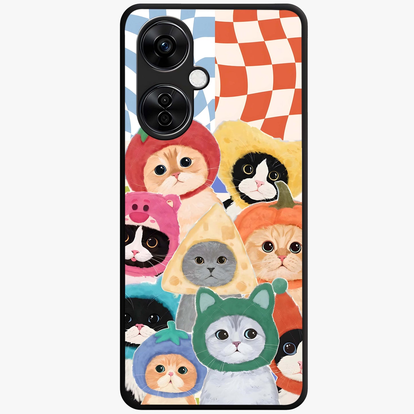 Cats in Fruits Glass Case for 1+Nord CE 3 Lite playful front view featuring cute cat illustrations with vibrant fruit artwork