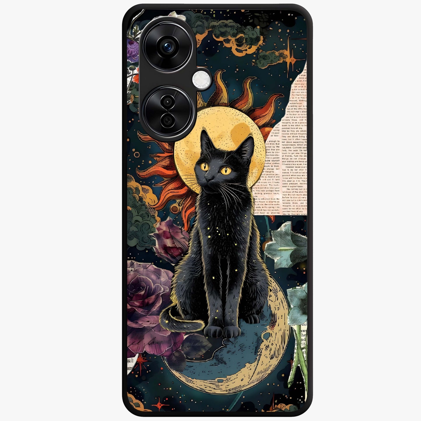 Celestial Black Cat Glass Case for 1+Nord CE 3 Lite mystical front view featuring black cat artwork with cosmic background