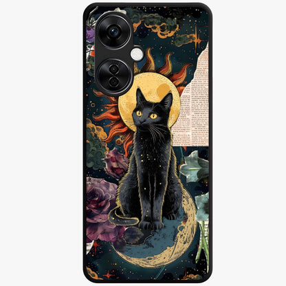 Celestial Black Cat Glass Case for 1+Nord CE 3 Lite mystical front view featuring black cat artwork with cosmic background