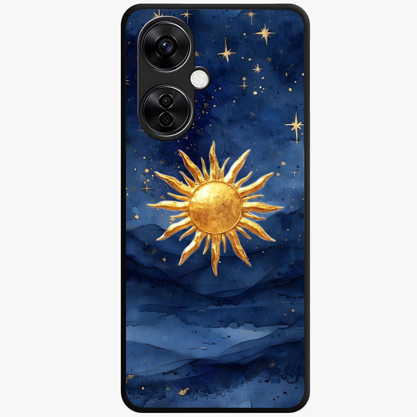 Celestial Blue Glow Glass Case for 1+Nord CE 3 Lite radiant front view featuring glowing blue cosmic artwork