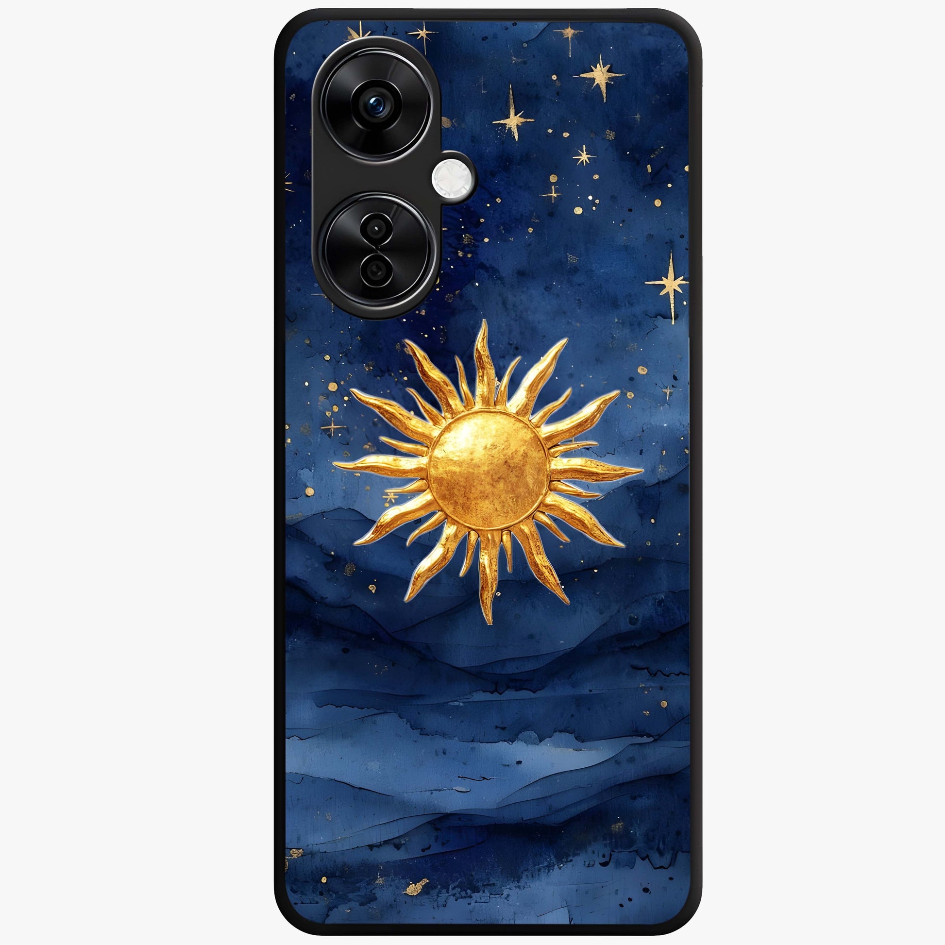 Celestial Blue Glow Glass Case for 1+Nord CE 3 Lite radiant front view featuring glowing blue cosmic artwork