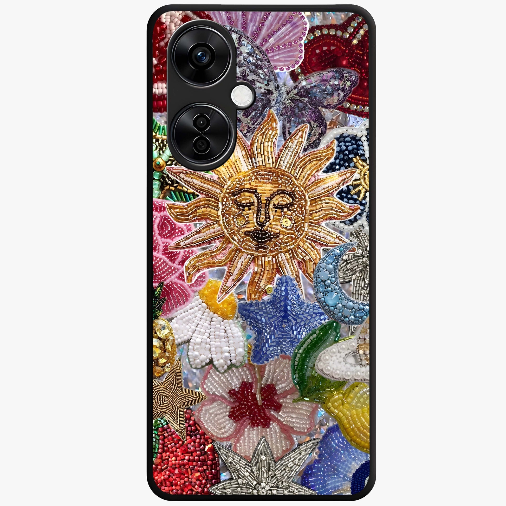 Celestial Floral and Playful Glass Case for 1+Nord CE 3 Lite vibrant front view featuring floral artwork blended with cosmic elements