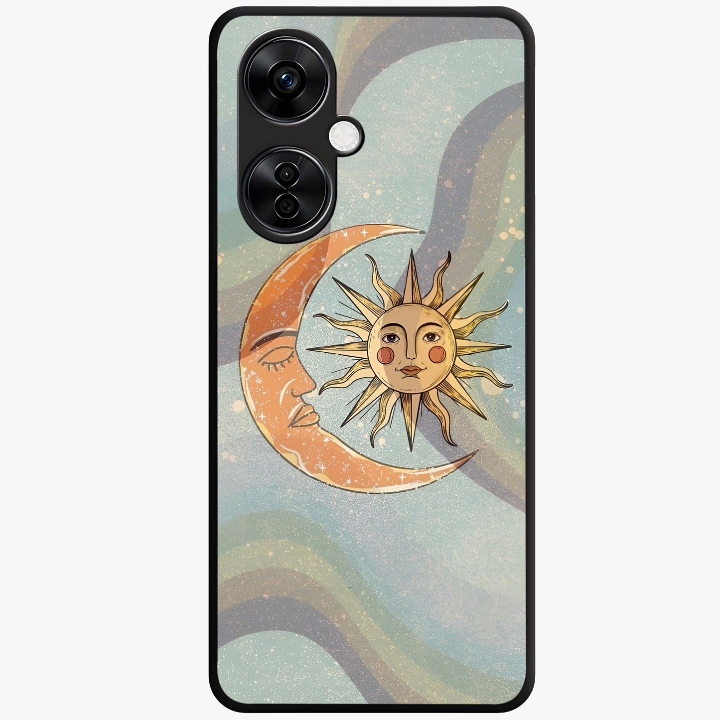 Celestial Harmony Vibes Glass Case for 1+Nord CE 3 Lite serene front view featuring balanced cosmic artwork with calming tones