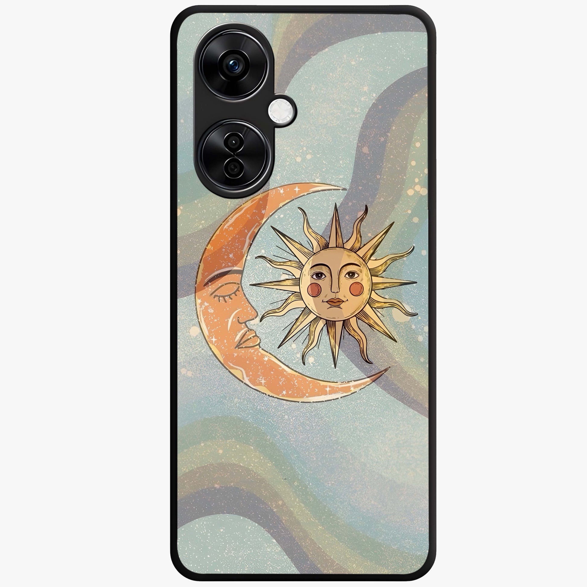 Celestial Harmony Vibes Glass Case for 1+Nord CE 3 Lite serene front view featuring balanced cosmic artwork with calming tones