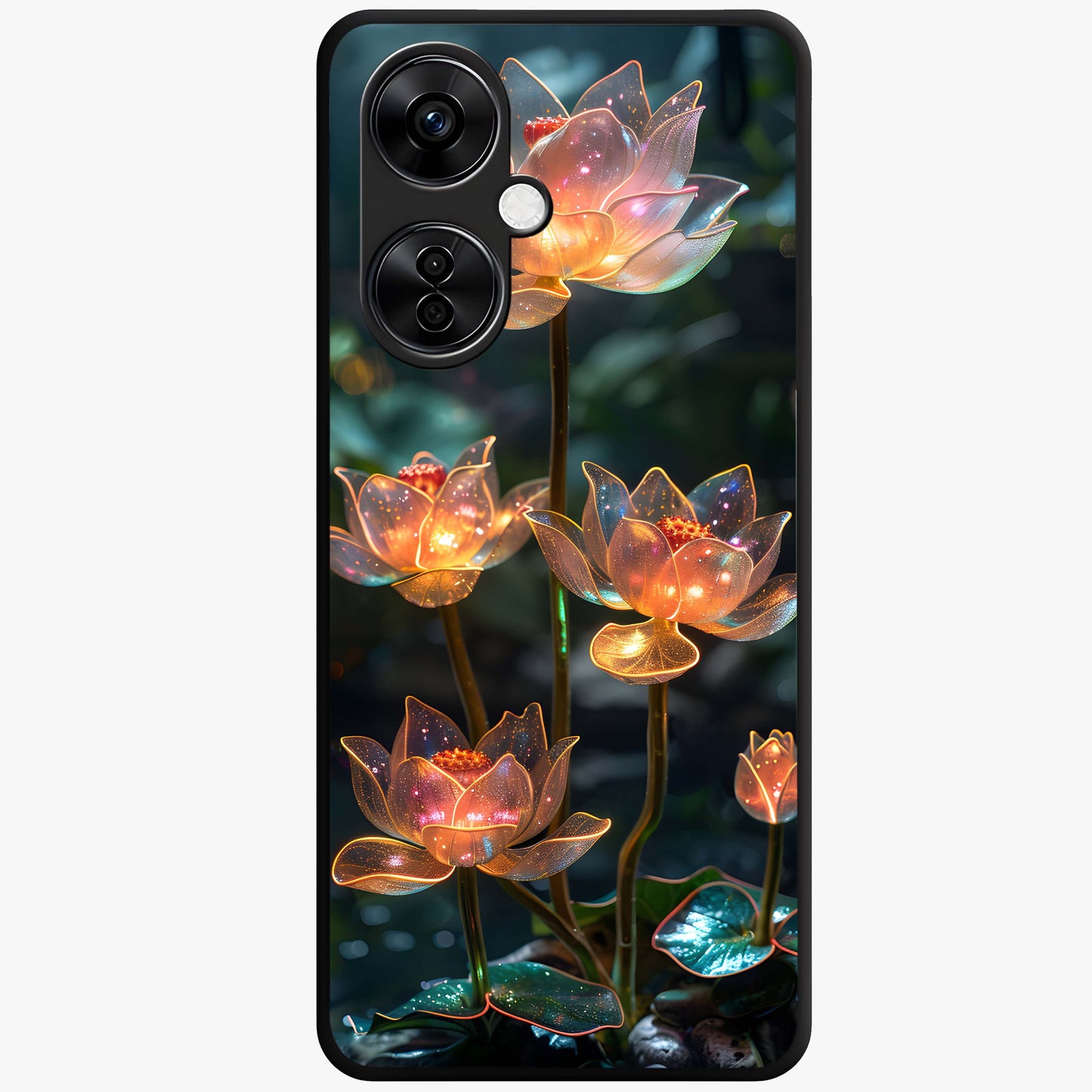Celestial Lotus Light Glass Case for 1+Nord CE 3 Lite peaceful front view featuring glowing lotus artwork with cosmic backdrop